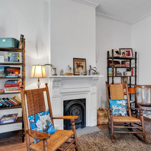 Cozy reading nook with fireplace charm